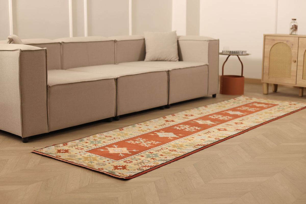 Vintage Muğla Turkish Runner Rug 3x10 ft — Red & Beige Geometric