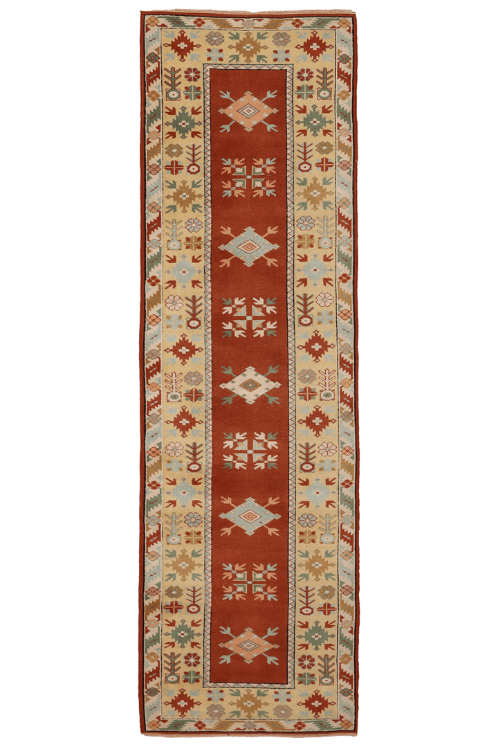 Vintage Muğla Turkish Runner Rug 3x10 ft — Red & Beige Geometric