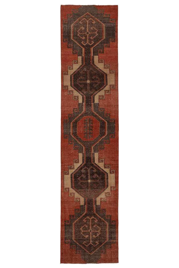Vintage Malatya Turkish Runner Rug 2x13 ft — Red & Brown Geometric