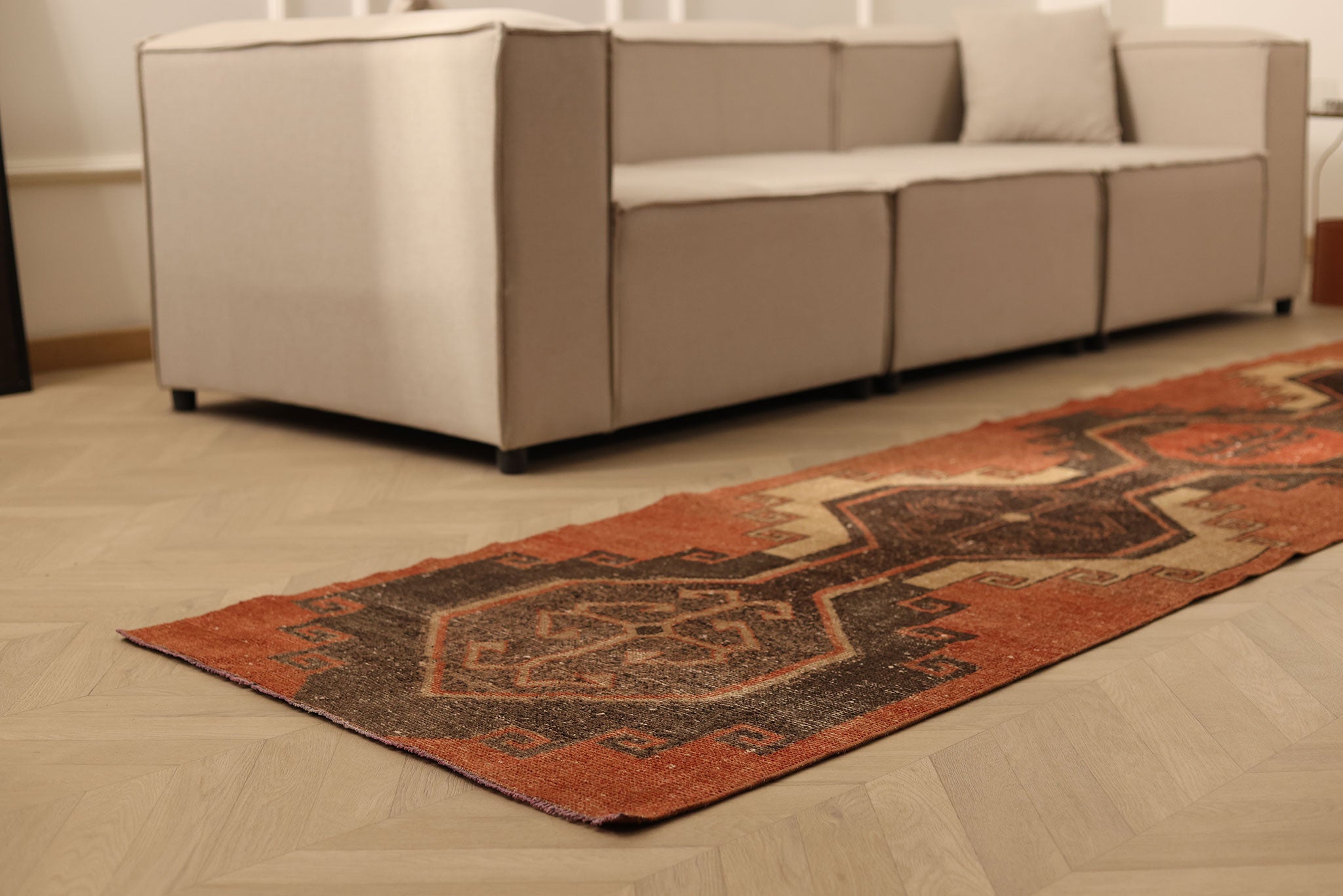 Vintage Malatya Turkish Runner Rug 2x13 ft — Red & Brown Geometric