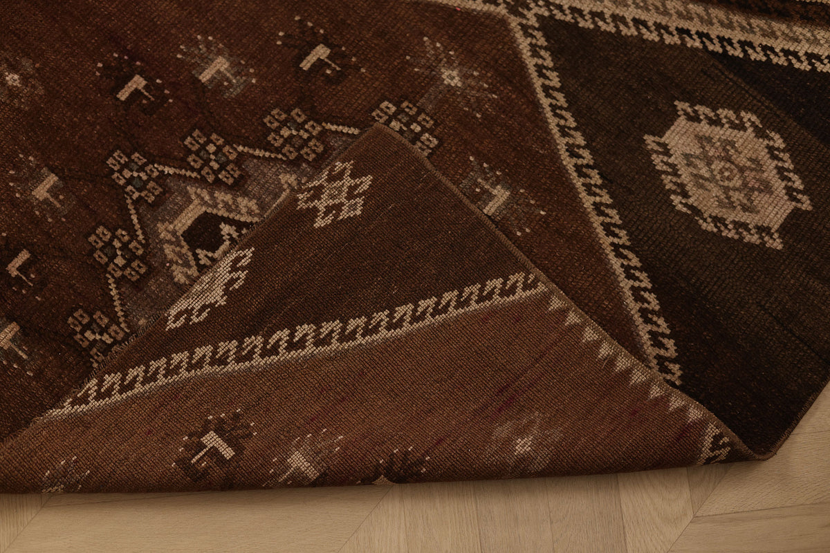 Vintage Kars Turkish Runner Rug 3x7 ft — Brown Geometric