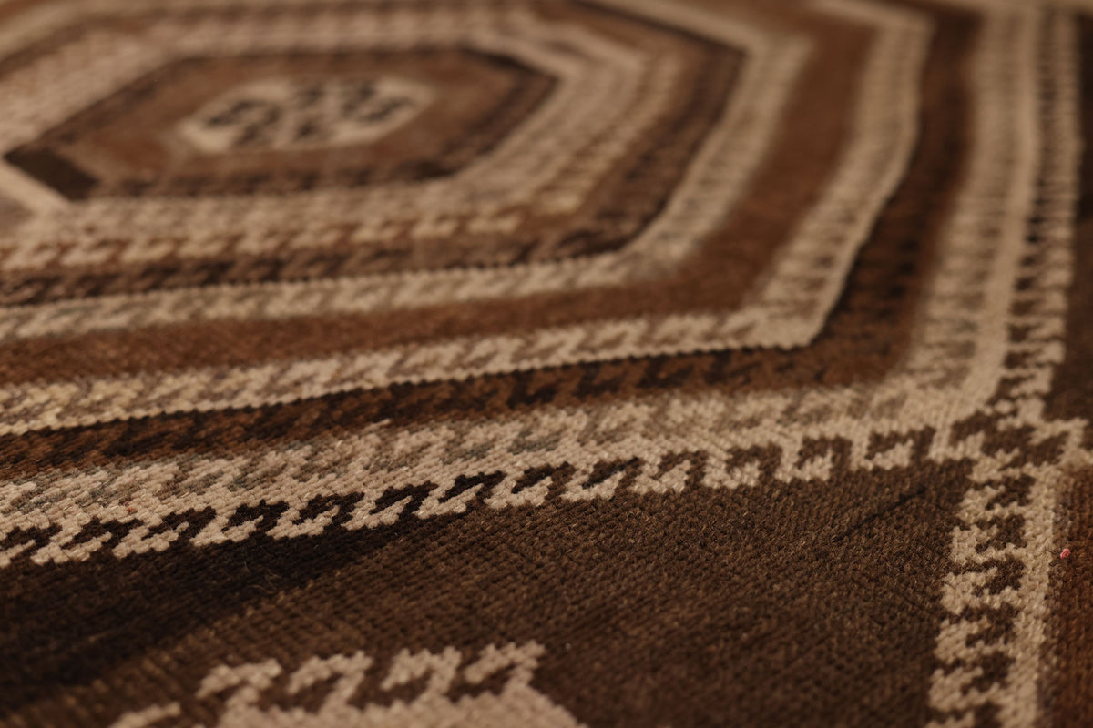 Vintage Kars Turkish Runner Rug 3x7 ft — Brown Geometric