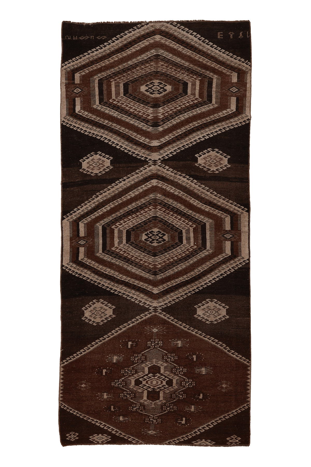 Vintage Kars Turkish Runner Rug 3x7 ft — Brown Geometric