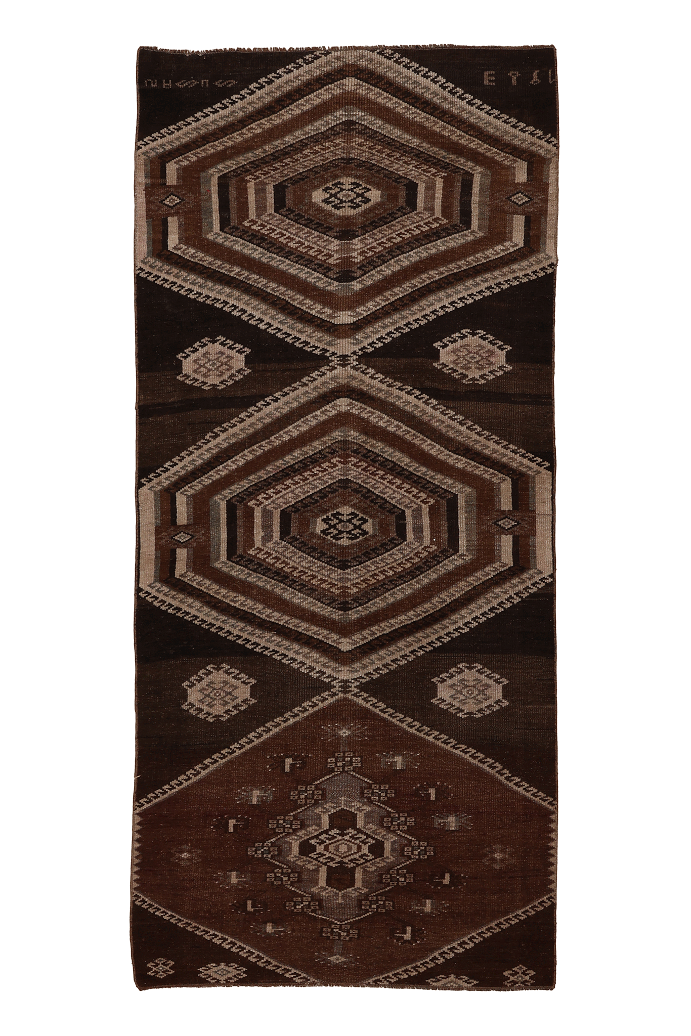 Vintage Kars Turkish Runner Rug 3x7 ft — Brown Geometric