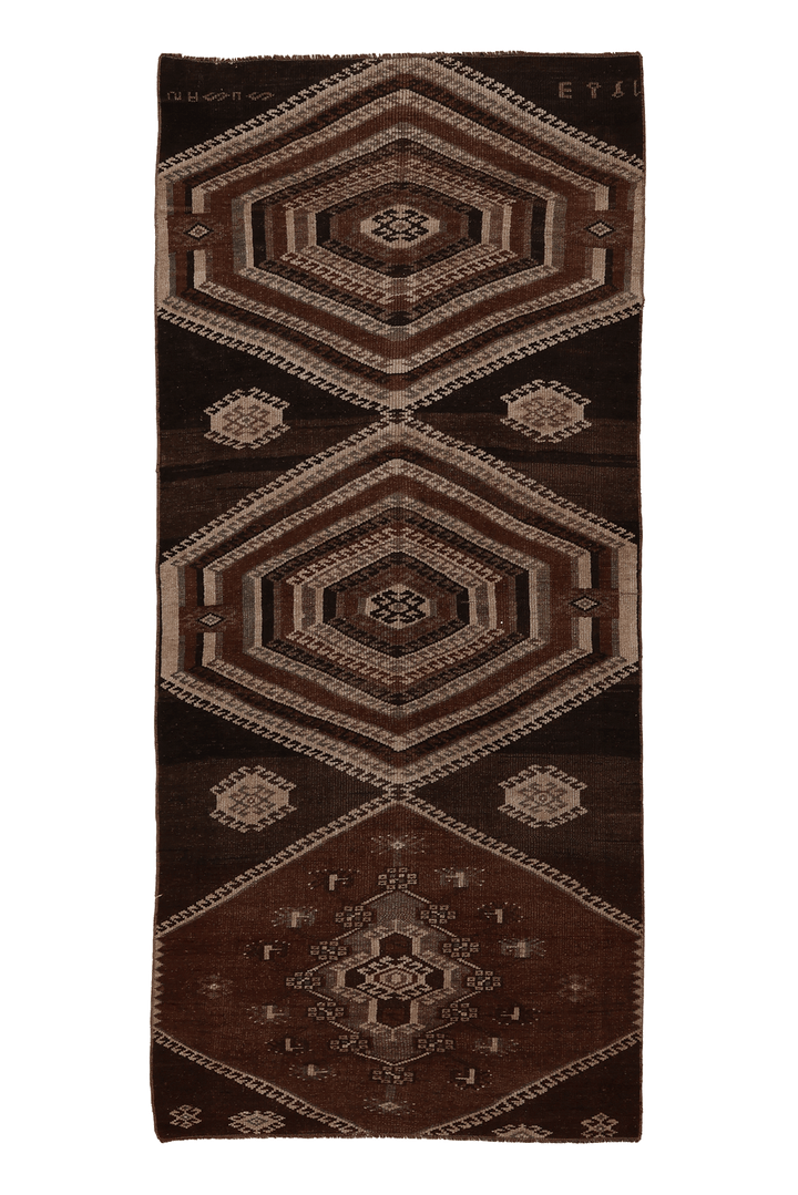 Vintage Kars Turkish Runner Rug 3x7 ft — Brown Geometric