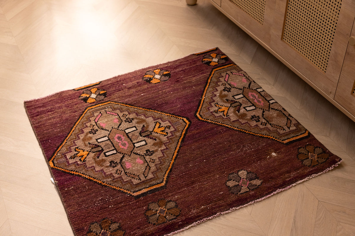 Vintage Kars Turkish Doormat 3x3 ft — Brown Floral