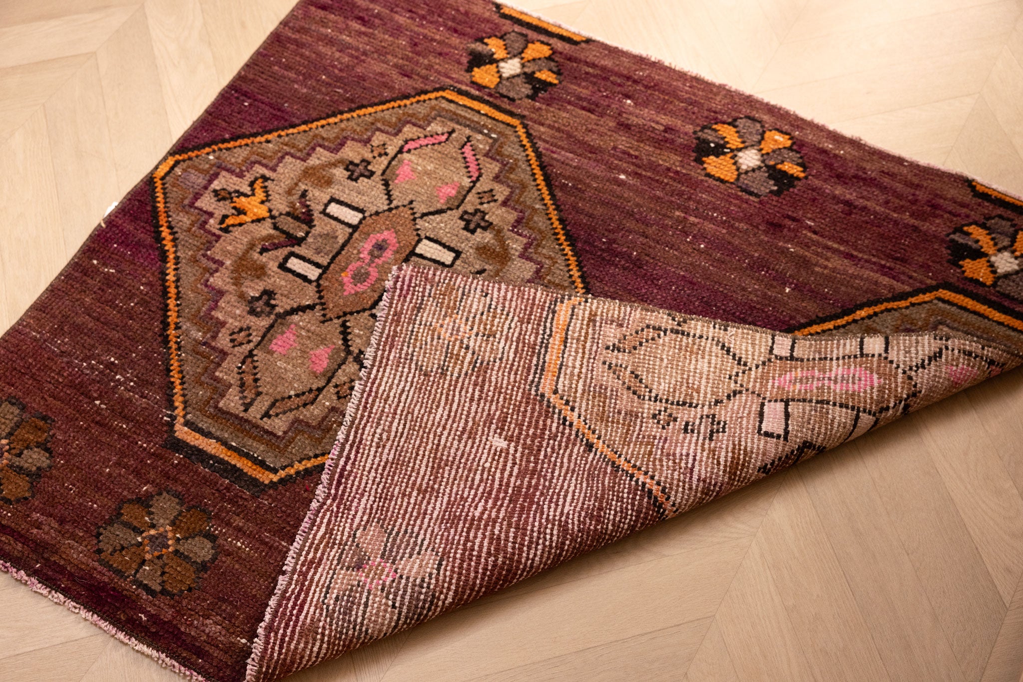 Vintage Kars Turkish Doormat 3x3 ft — Brown Floral