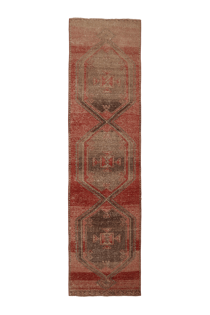Vintage Malatya Turkish Runner Rug 3x13 ft — Red & Brown Geometric