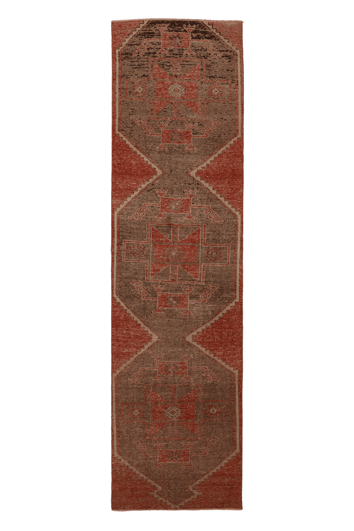 Vintage Malatya Turkish Runner Rug 3x10 ft — Red & Brown Geometric