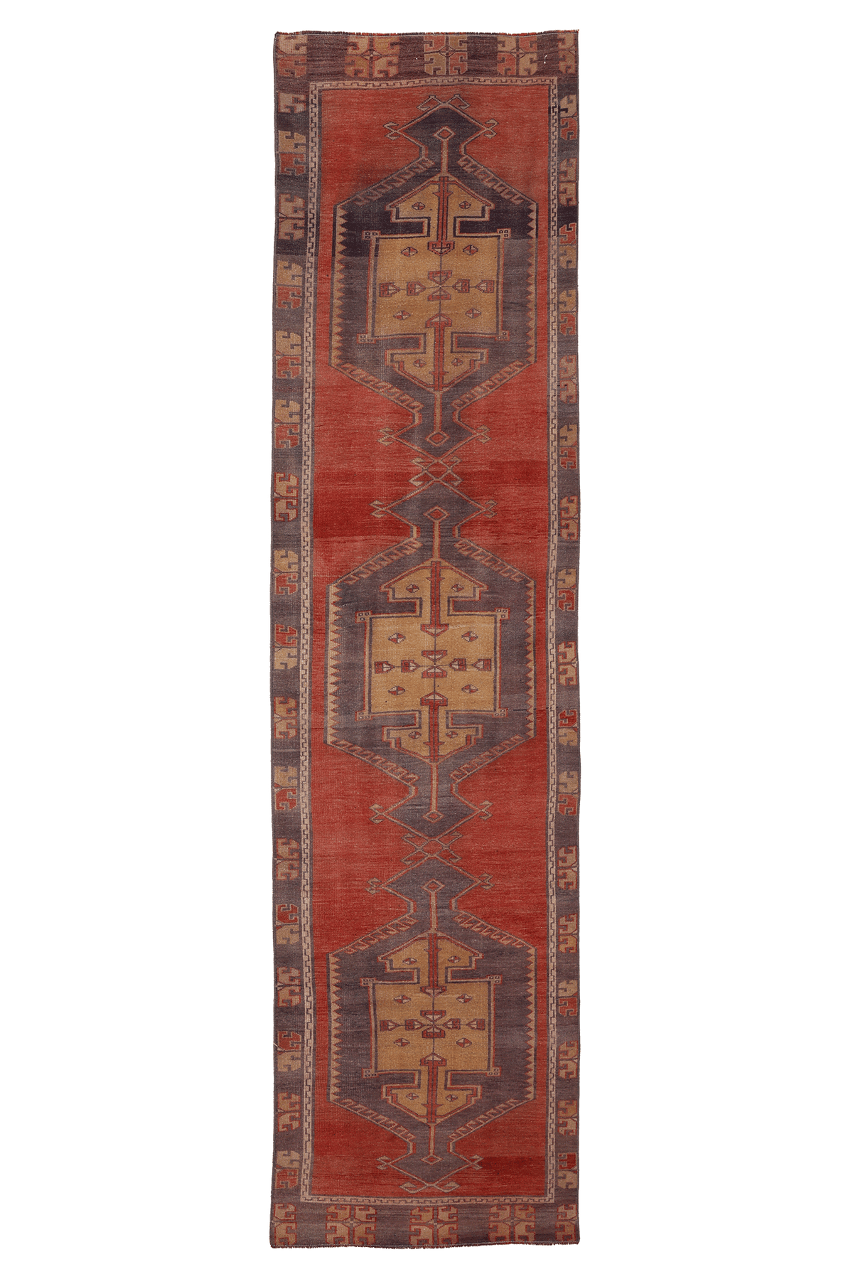 Vintage Malatya Turkish Runner Rug 2x11 ft — Red & Brown Geometric