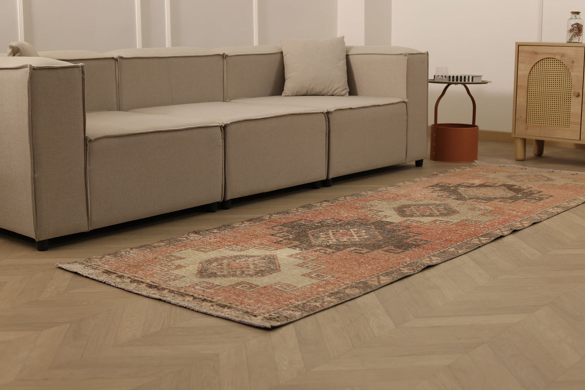 Vintage Malatya Turkish Runner Rug 3x10 ft — Orange & Brown Geometric (No. 55969)