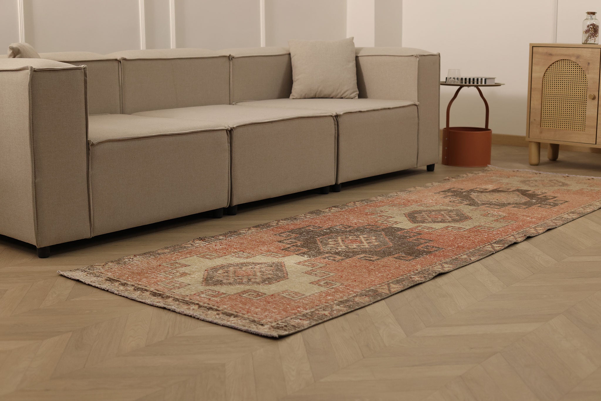 Vintage Malatya Turkish Runner Rug 3x10 ft — Orange & Brown Geometric (No. 55969)
