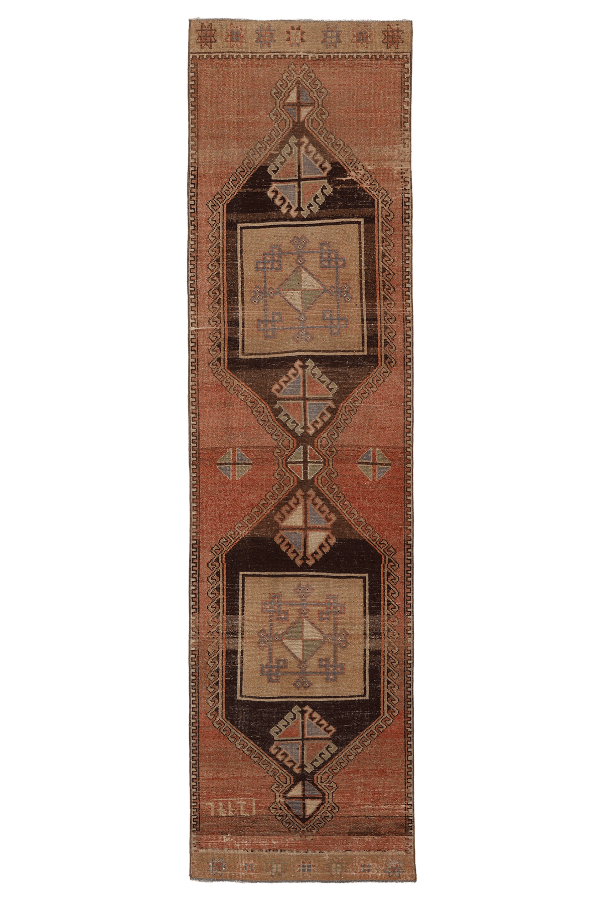 Vintage Malatya Turkish Runner Rug 2x10 ft — Brown & Red Geometric
