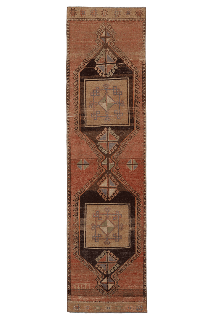 Vintage Malatya Turkish Runner Rug 2x10 ft — Brown & Red Geometric