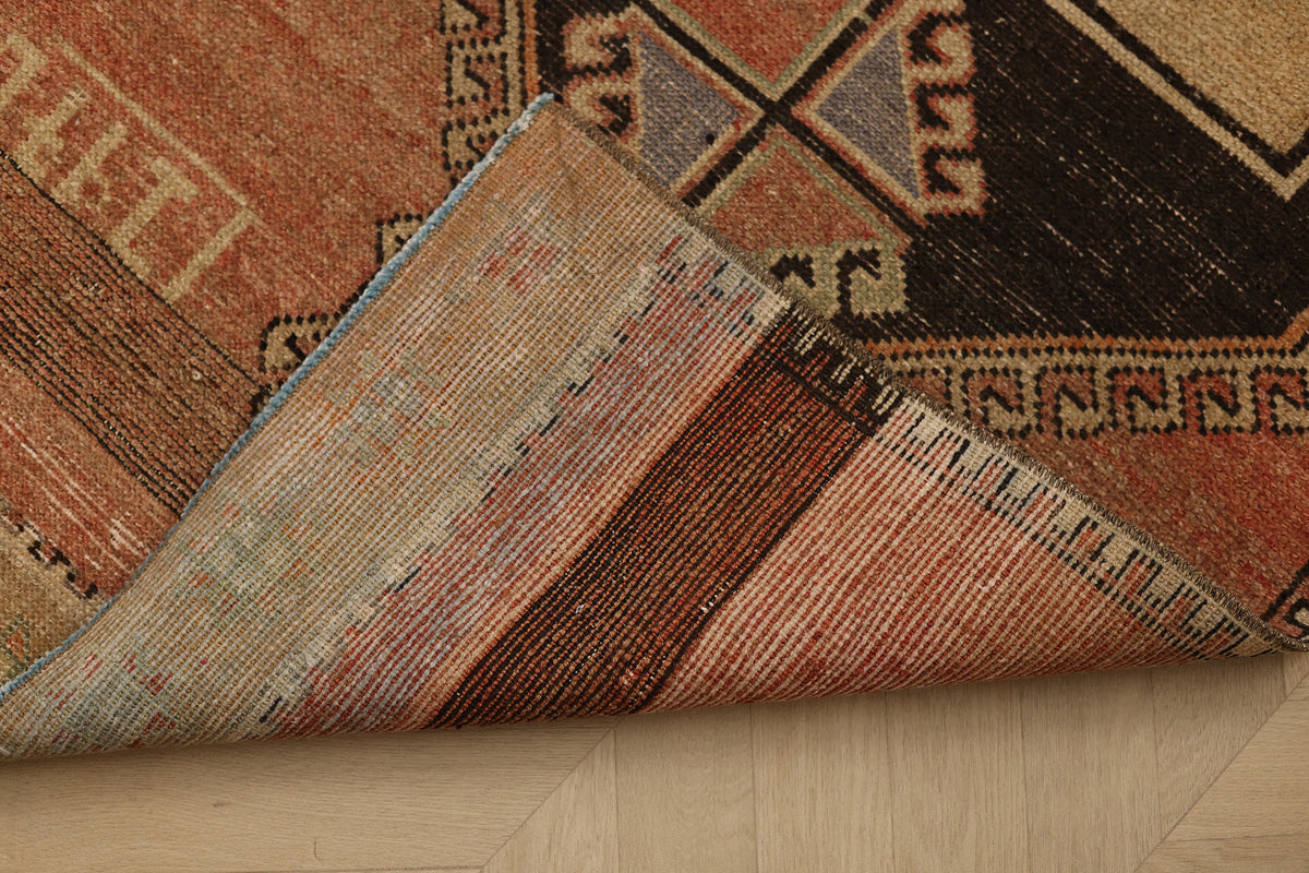Vintage Malatya Turkish Runner Rug 2x10 ft — Brown & Red Geometric