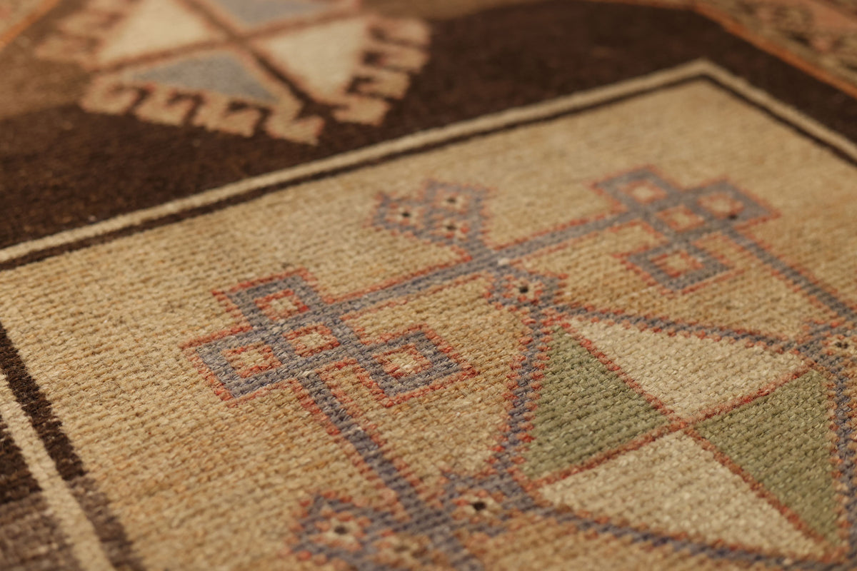 Vintage Malatya Turkish Runner Rug 2x10 ft — Brown & Red Geometric