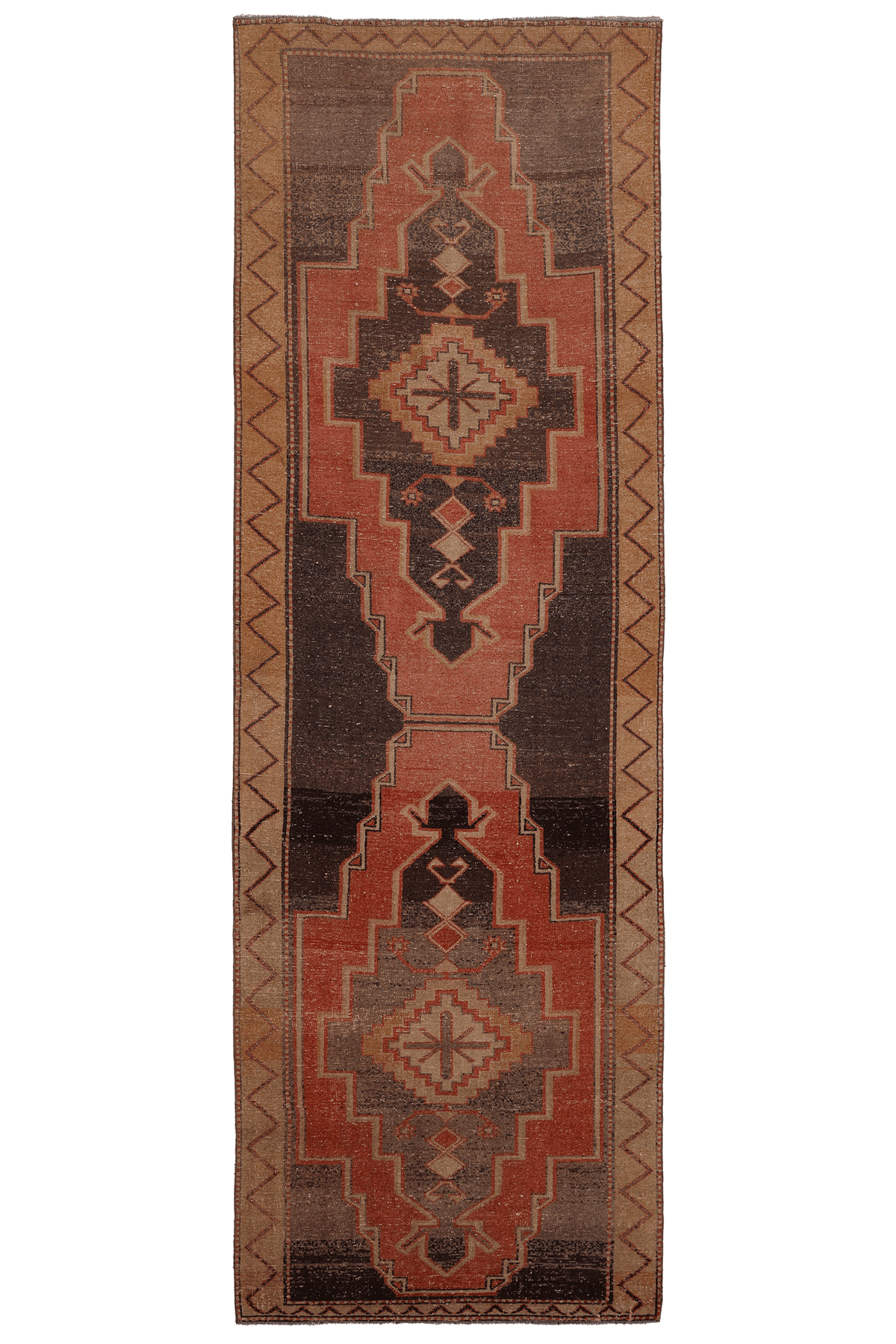 Vintage Malatya Turkish Runner Rug 3x12 ft — Brown & Red Geometric
