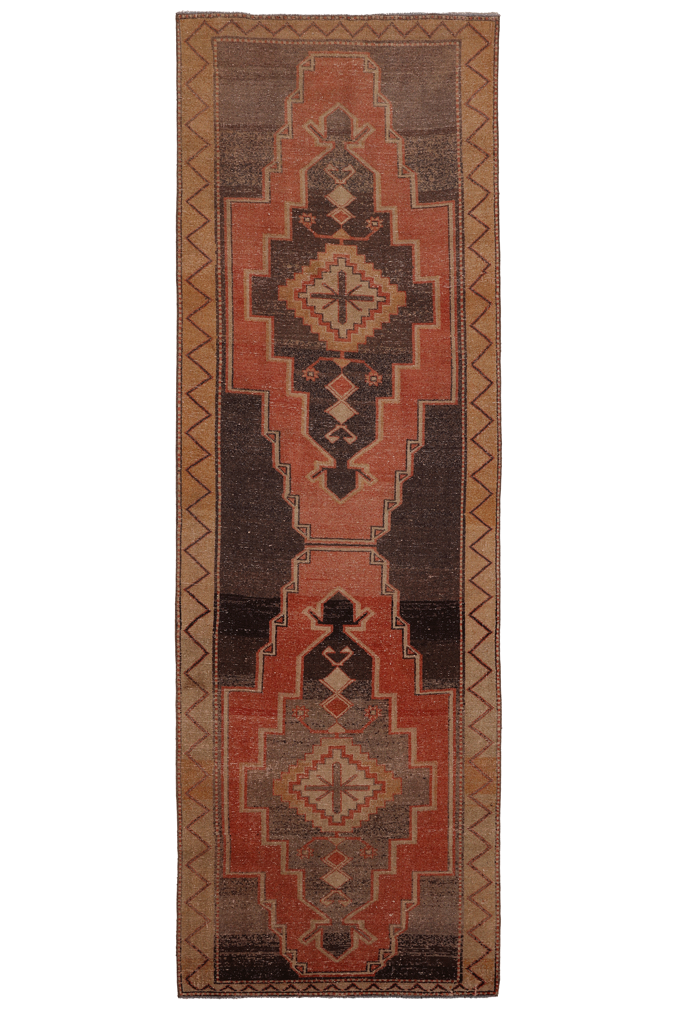 Vintage Malatya Turkish Runner Rug 3x12 ft — Brown & Red Geometric