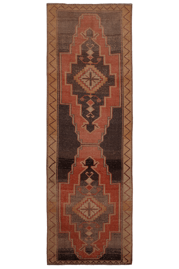 Vintage Malatya Turkish Runner Rug 3x12 ft — Brown & Red Geometric
