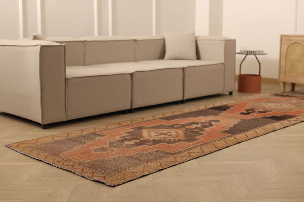 Vintage Malatya Turkish Runner Rug 3x12 ft — Brown & Red Geometric