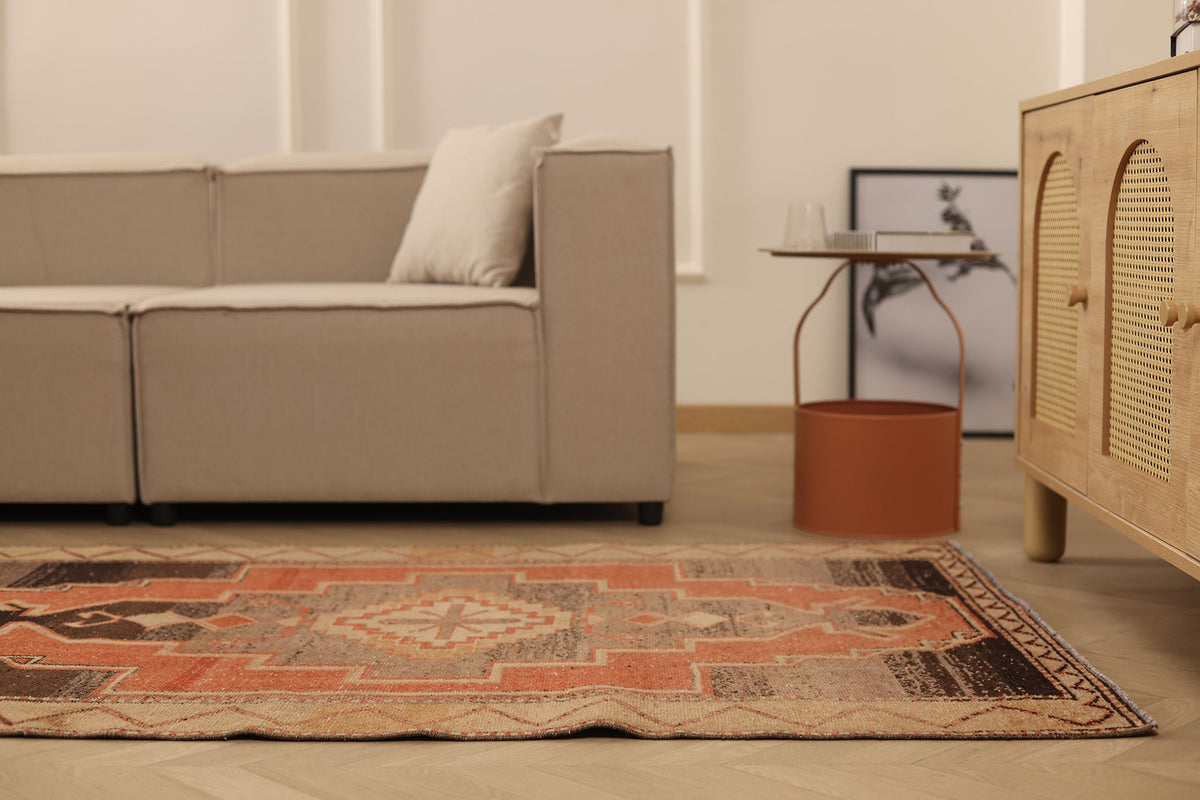 Vintage Malatya Turkish Runner Rug 3x12 ft — Brown & Red Geometric