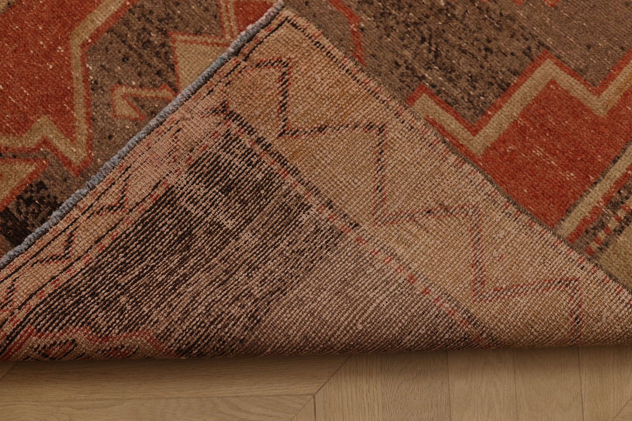 Vintage Malatya Turkish Runner Rug 3x12 ft — Brown & Red Geometric