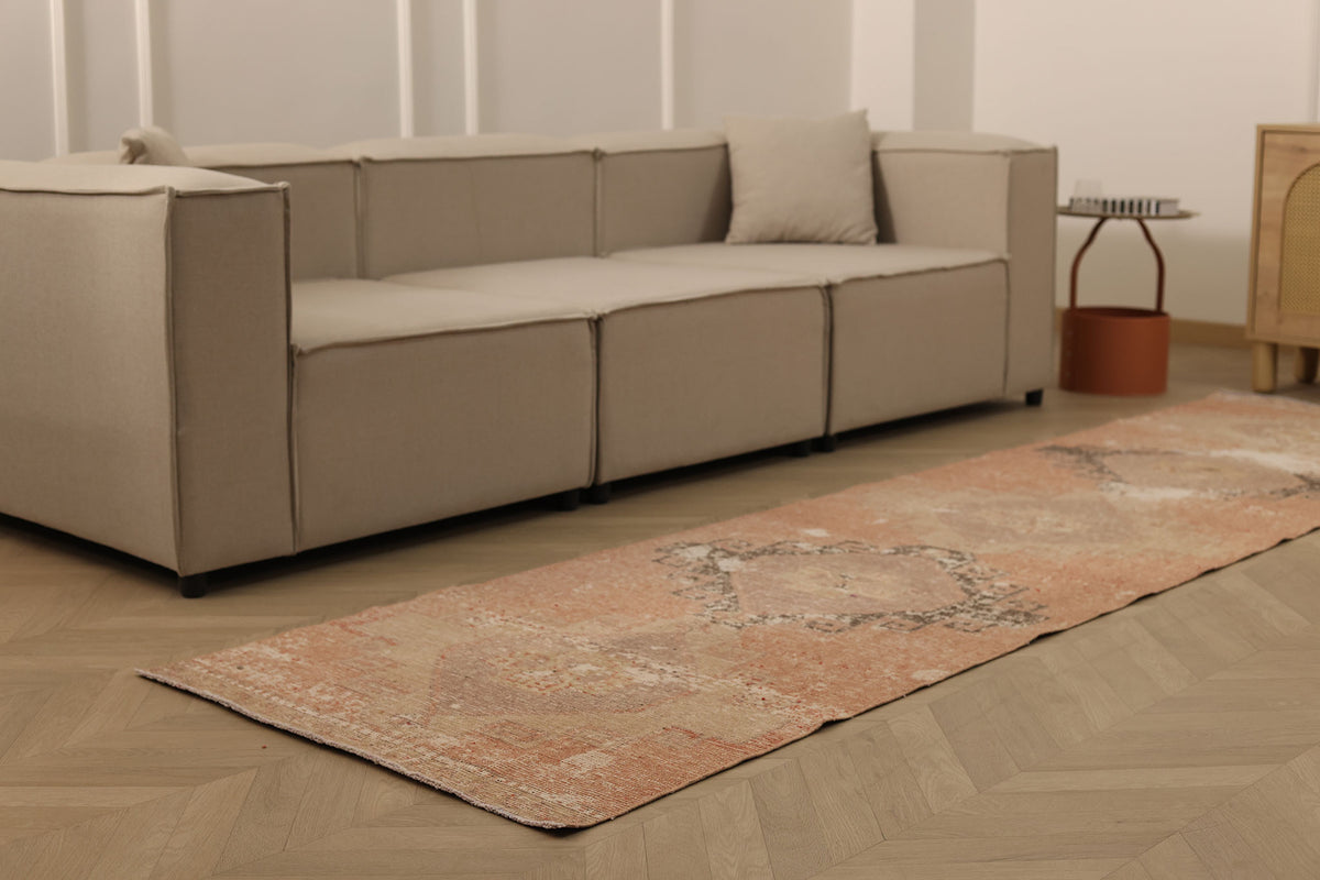 Vintage Malatya Turkish Runner Rug 3x11 ft — Orange & Beige Distressed