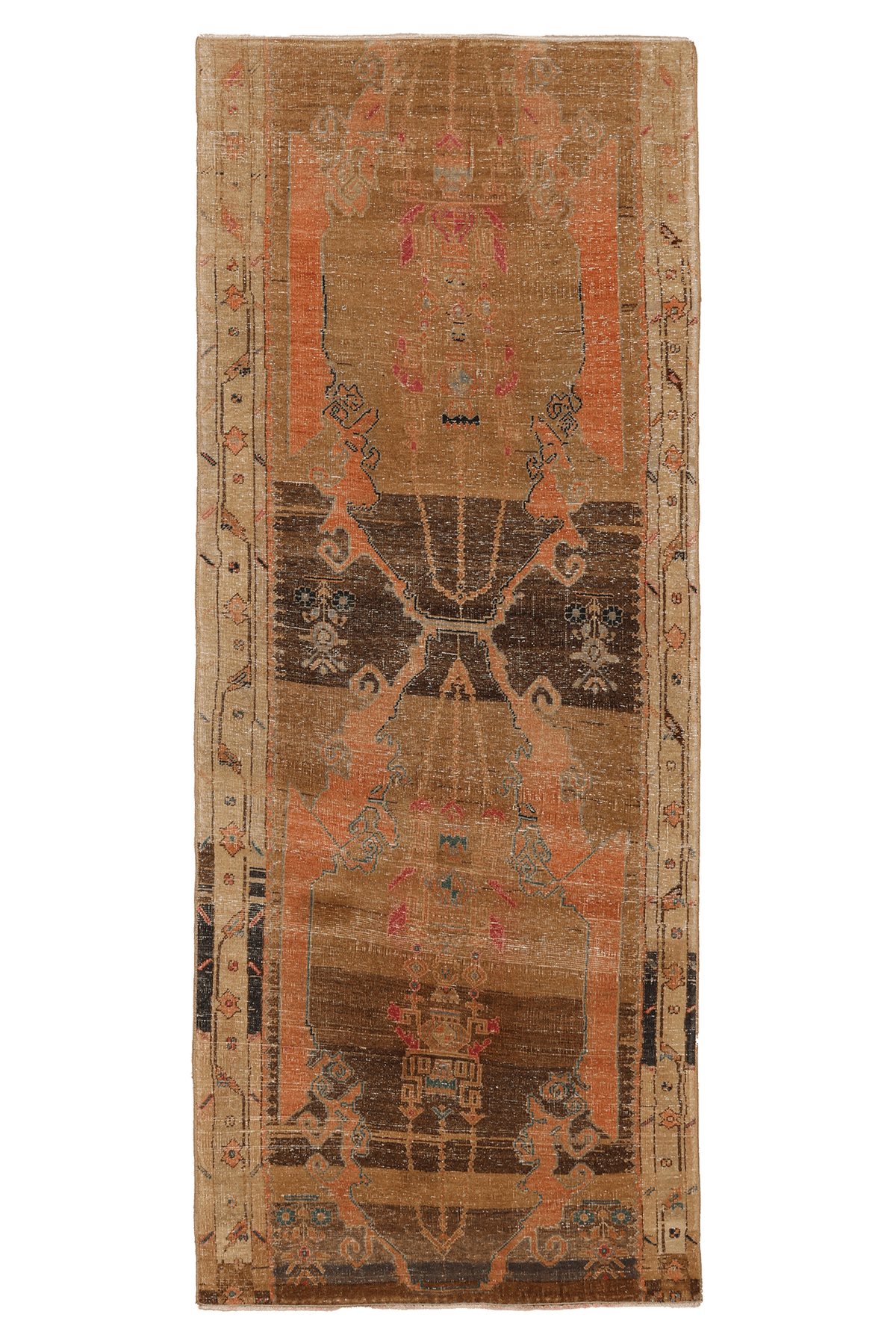 Vintage Malatya Turkish Runner Rug 3x8 ft — Brown & Orange Floral