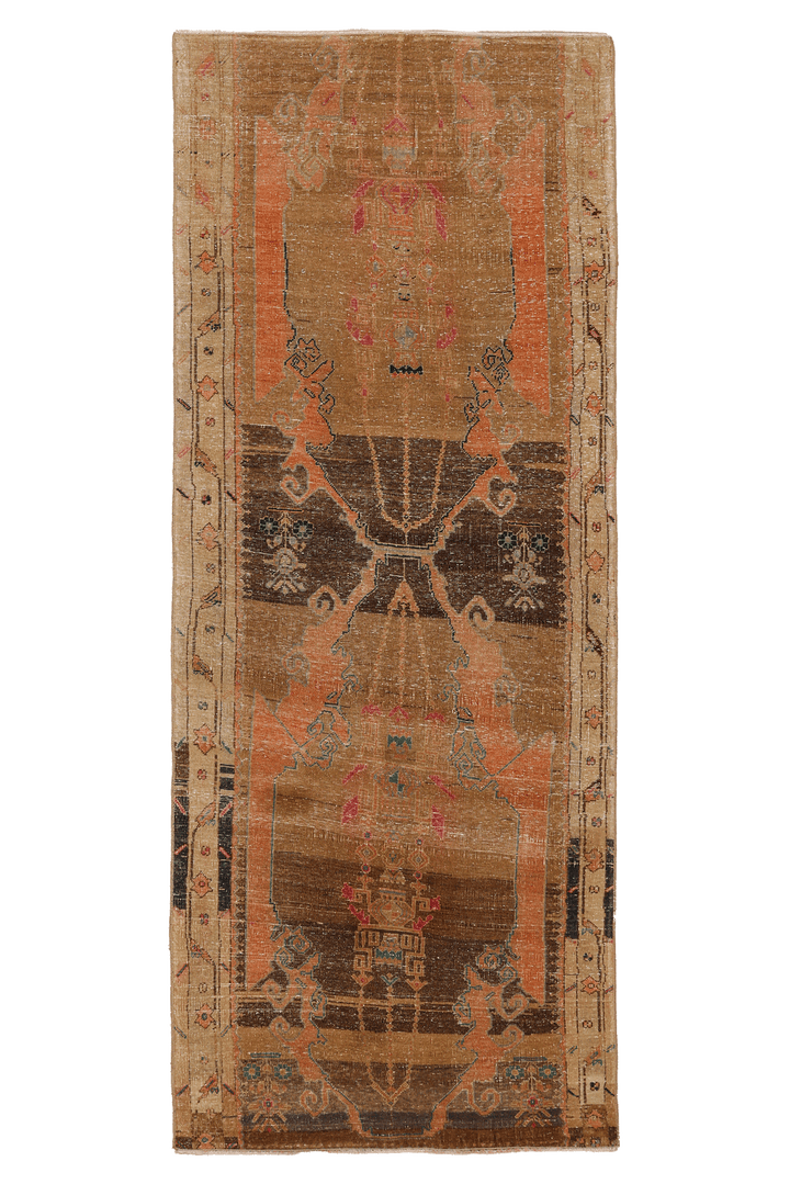 Vintage Malatya Turkish Runner Rug 3x8 ft — Brown & Orange Floral