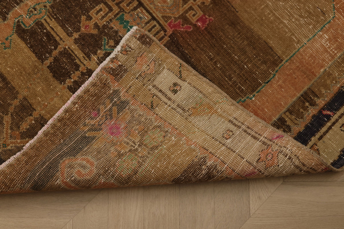 Vintage Malatya Turkish Runner Rug 3x8 ft — Brown & Orange Floral