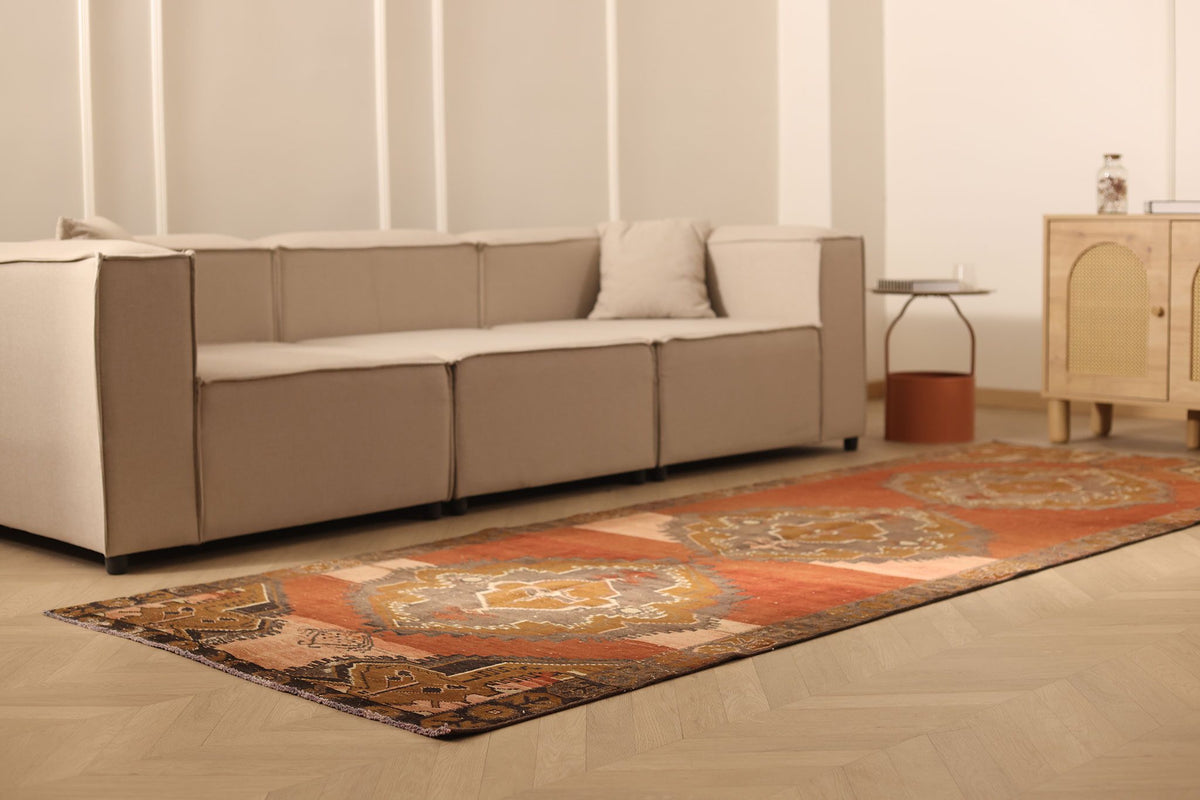 Vintage Kars Turkish Runner Rug 4x11 ft — Red & Brown Geometric