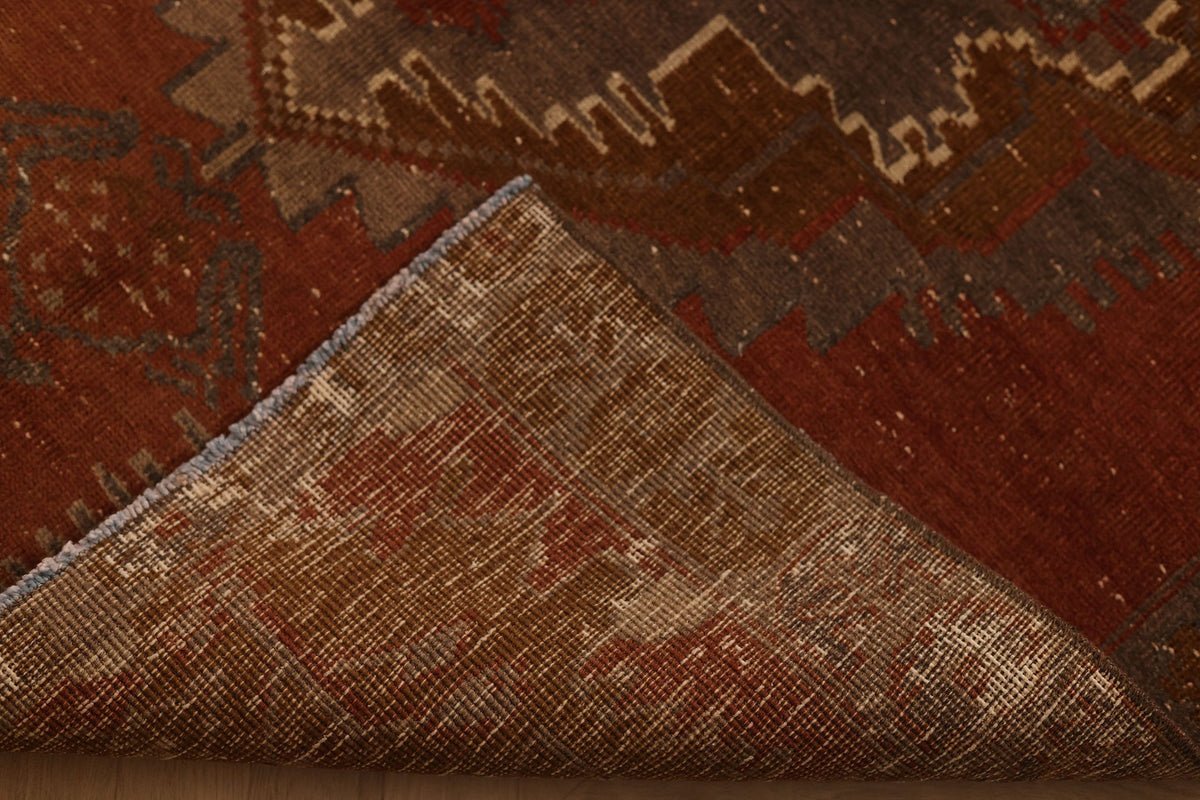 Vintage Kars Turkish Runner Rug 4x11 ft — Red & Brown Geometric