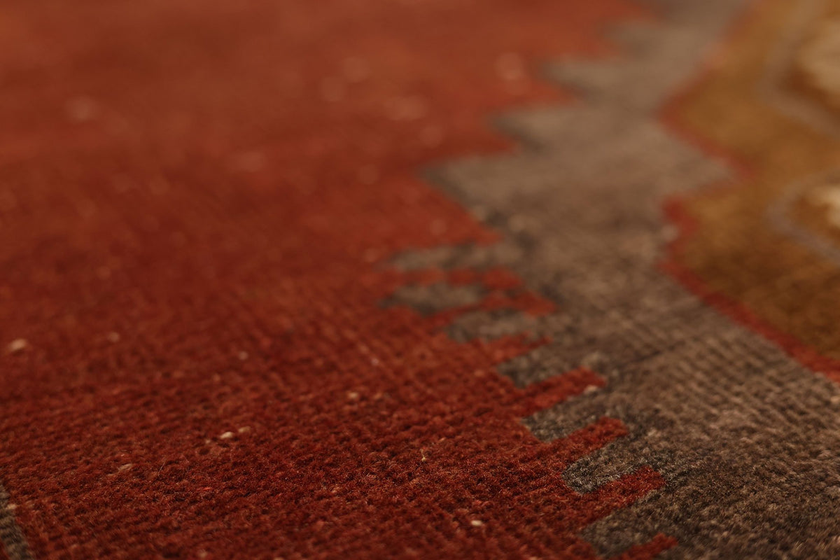 Vintage Kars Turkish Runner Rug 4x11 ft — Red & Brown Geometric