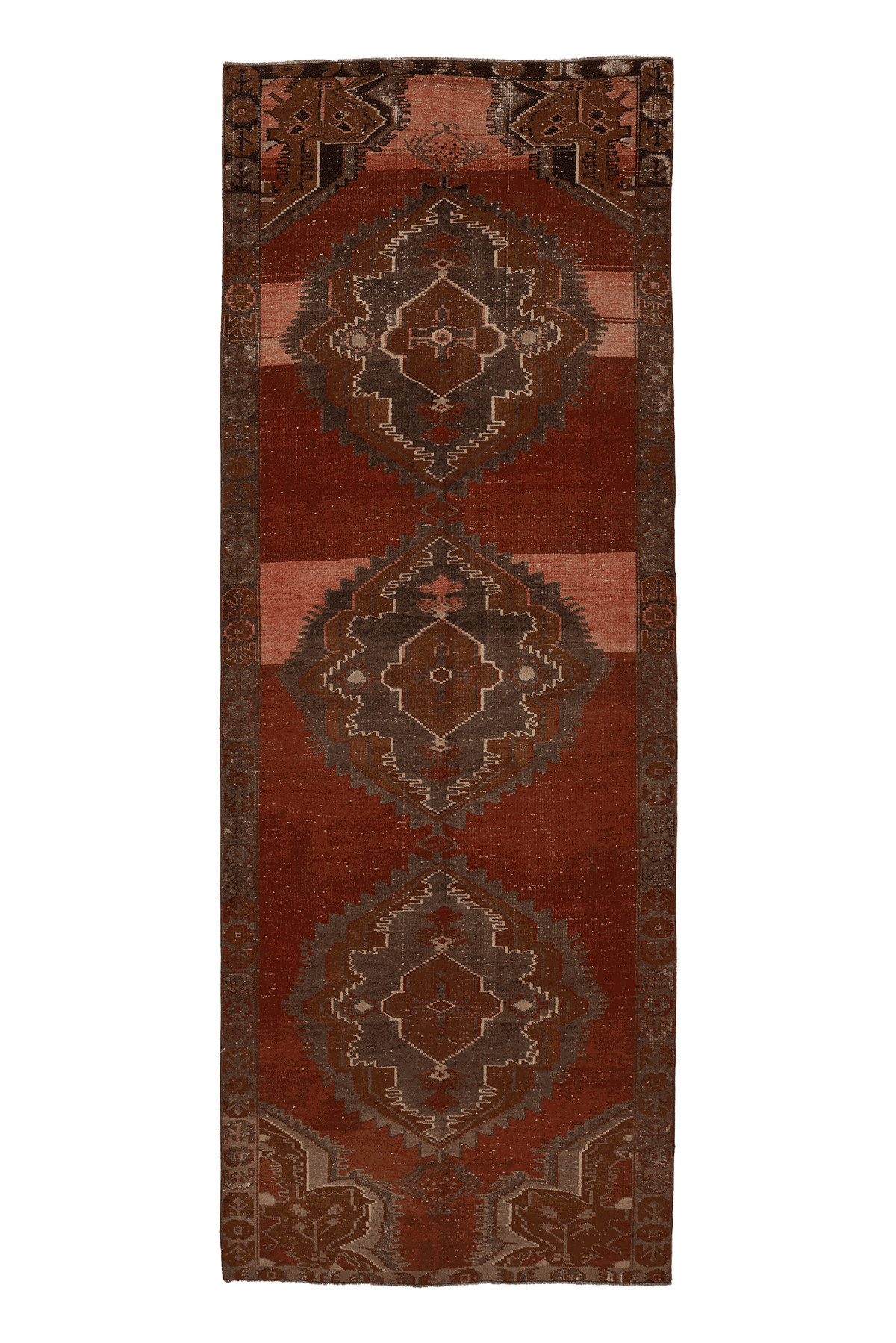 Vintage Kars Turkish Runner Rug 4x11 ft — Red & Brown Geometric