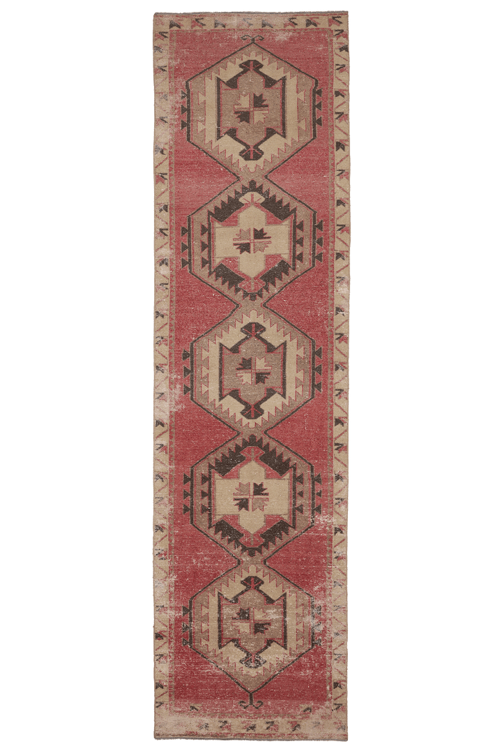 Vintage Malatya Turkish Runner Rug 3x13 ft — Red & Beige Geometric