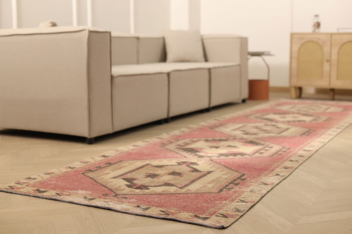 Vintage Malatya Turkish Runner Rug 3x13 ft — Red & Beige Geometric