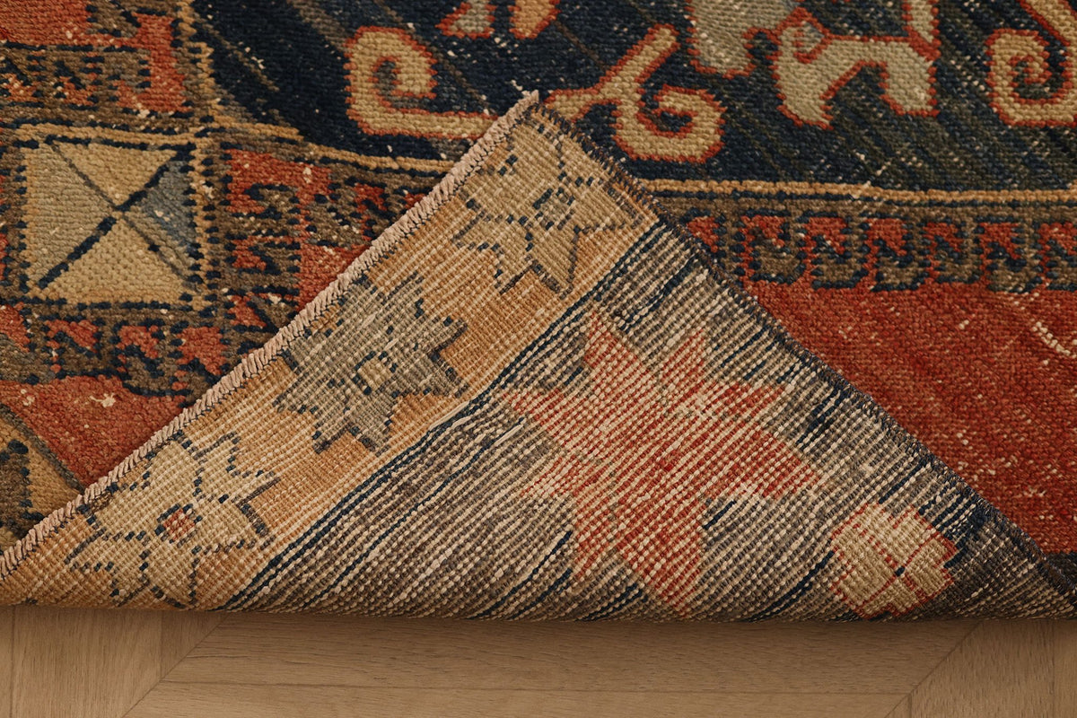 Vintage Konya Turkish Runner Rug 3x9 ft — Red & Blue Geometric