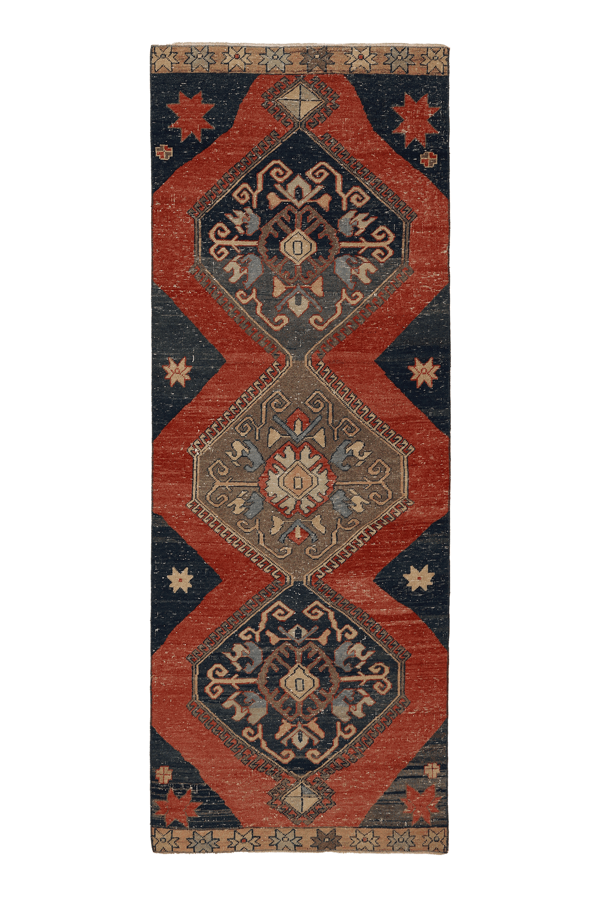 Vintage Konya Turkish Runner Rug 3x9 ft — Red & Blue Geometric