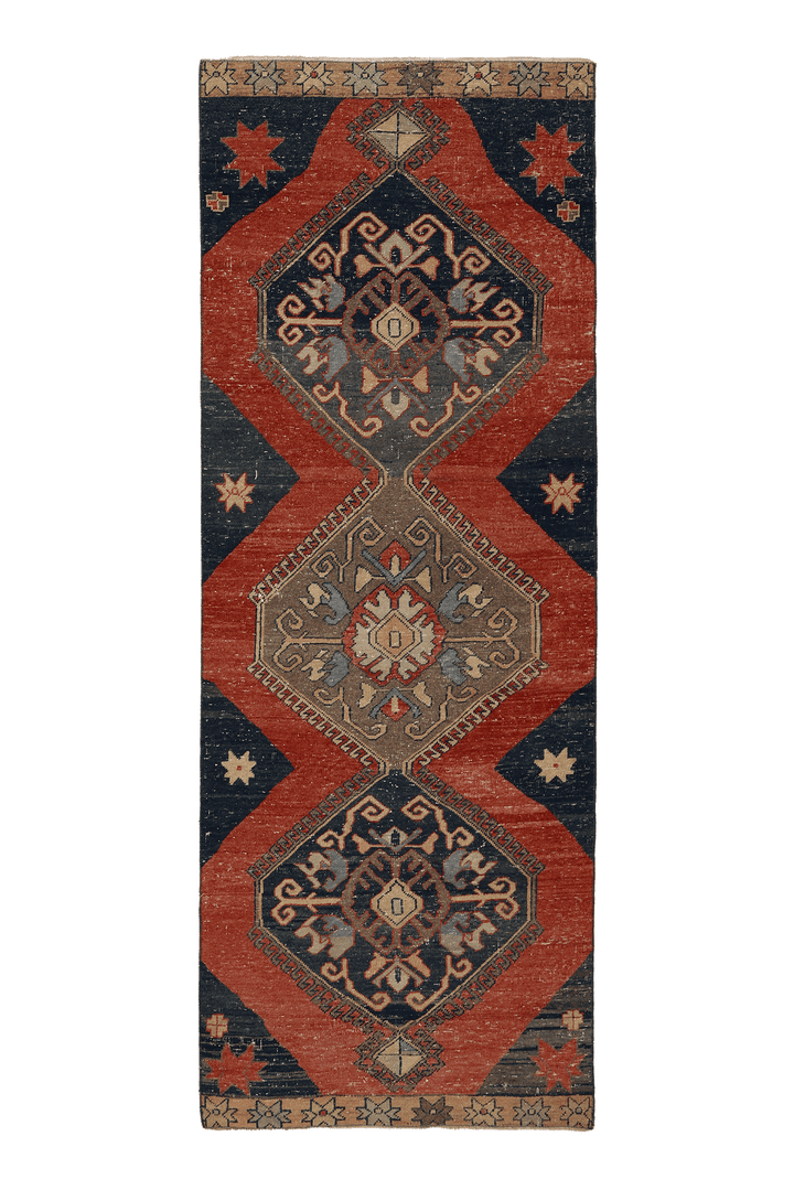 Vintage Konya Turkish Runner Rug 3x9 ft — Red & Blue Geometric