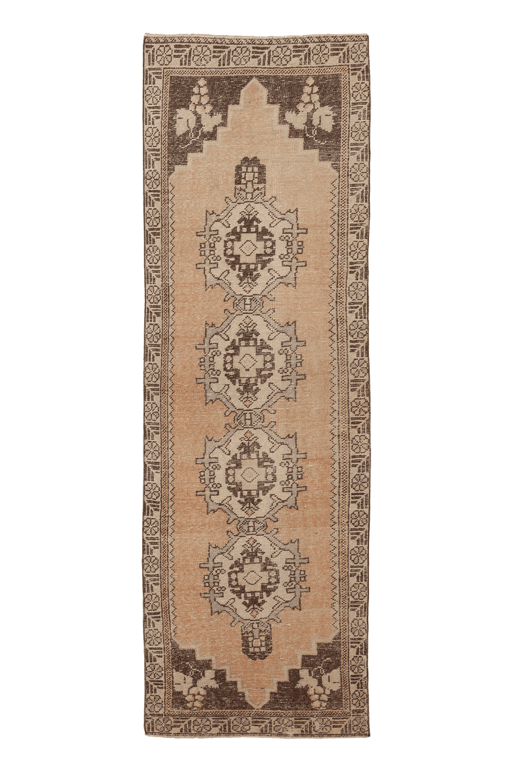 Vintage Nevşehir Turkish Runner Rug 3x9 ft — Beige & Brown Geometric