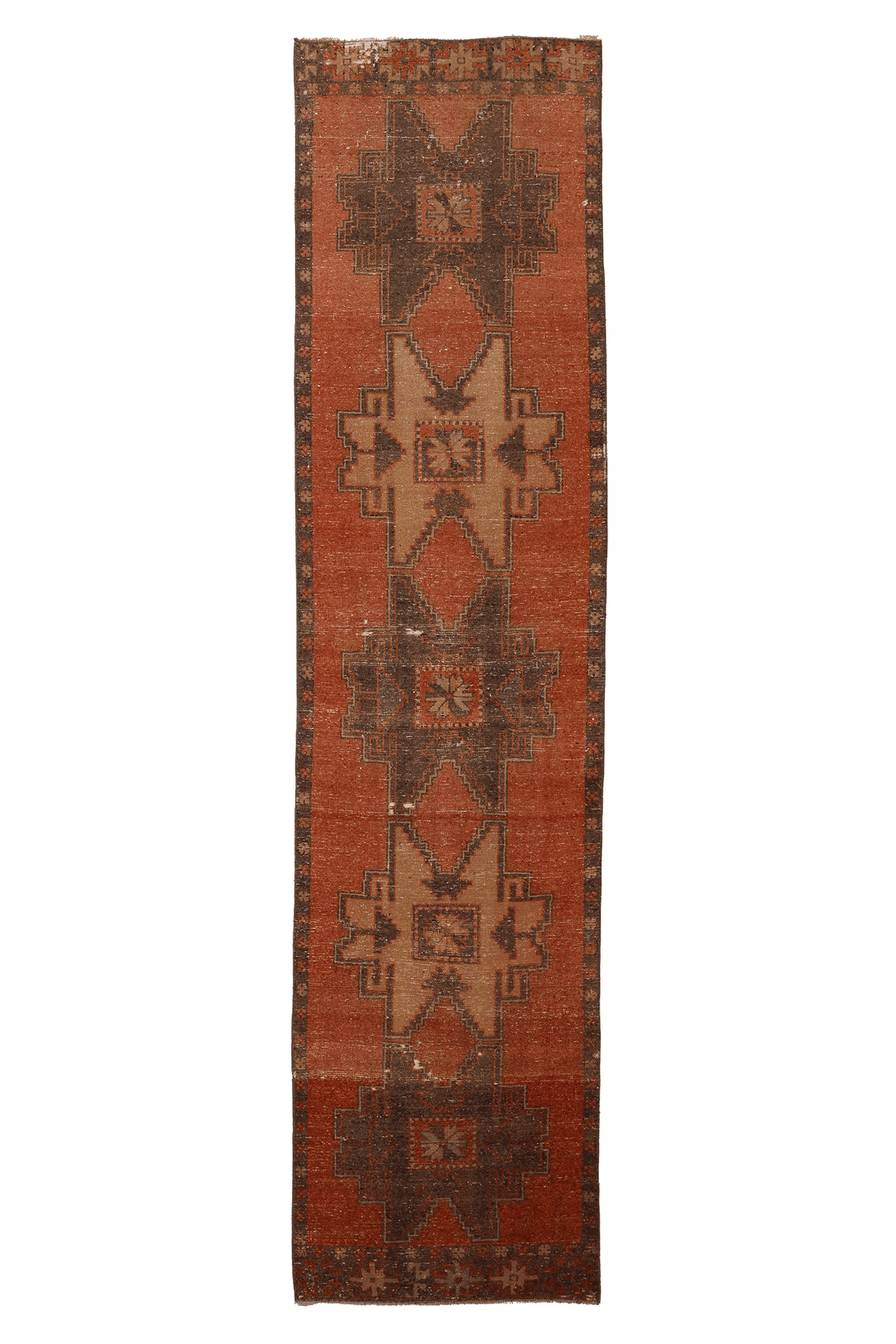 Vintage Malatya Turkish Runner Rug 3x11 ft — Orange & Brown Geometric