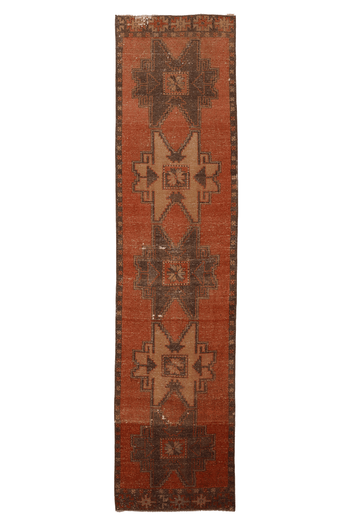 Vintage Malatya Turkish Runner Rug 3x11 ft — Orange & Brown Geometric