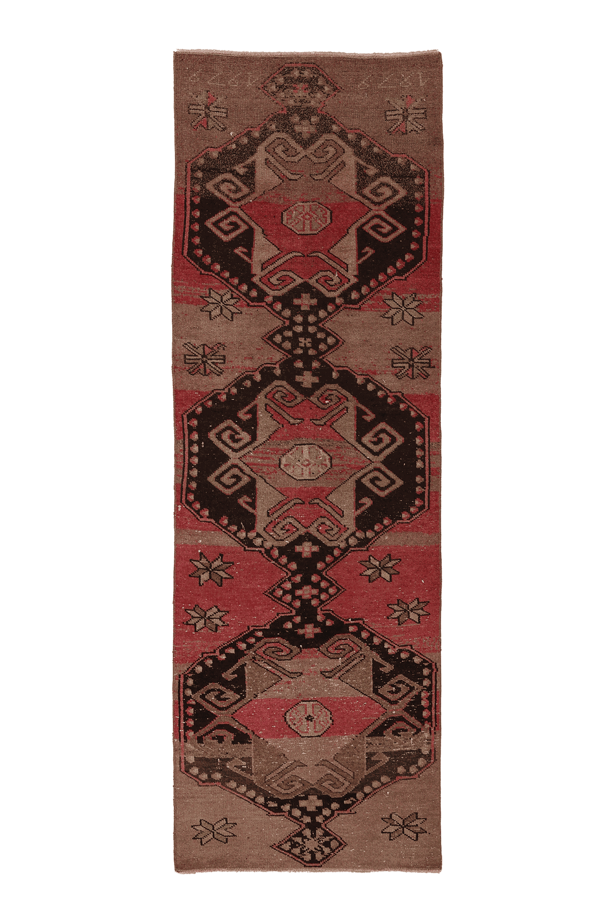 Vintage Malatya Turkish Runner Rug 3x8 ft — Brown & Red Geometric