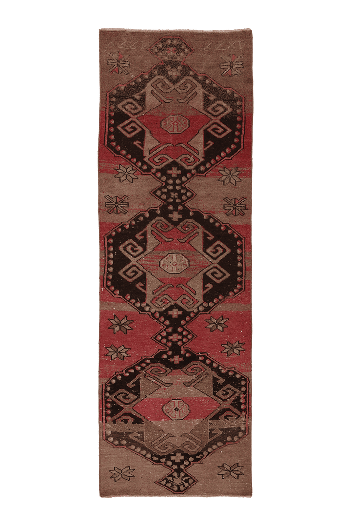Vintage Malatya Turkish Runner Rug 3x8 ft — Brown & Red Geometric