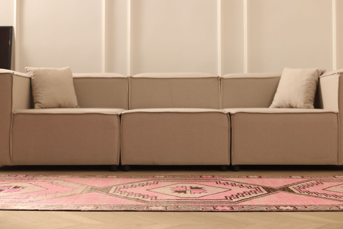 Vintage Malatya Turkish Runner Rug 3x14 ft — Pink & Brown Geometric