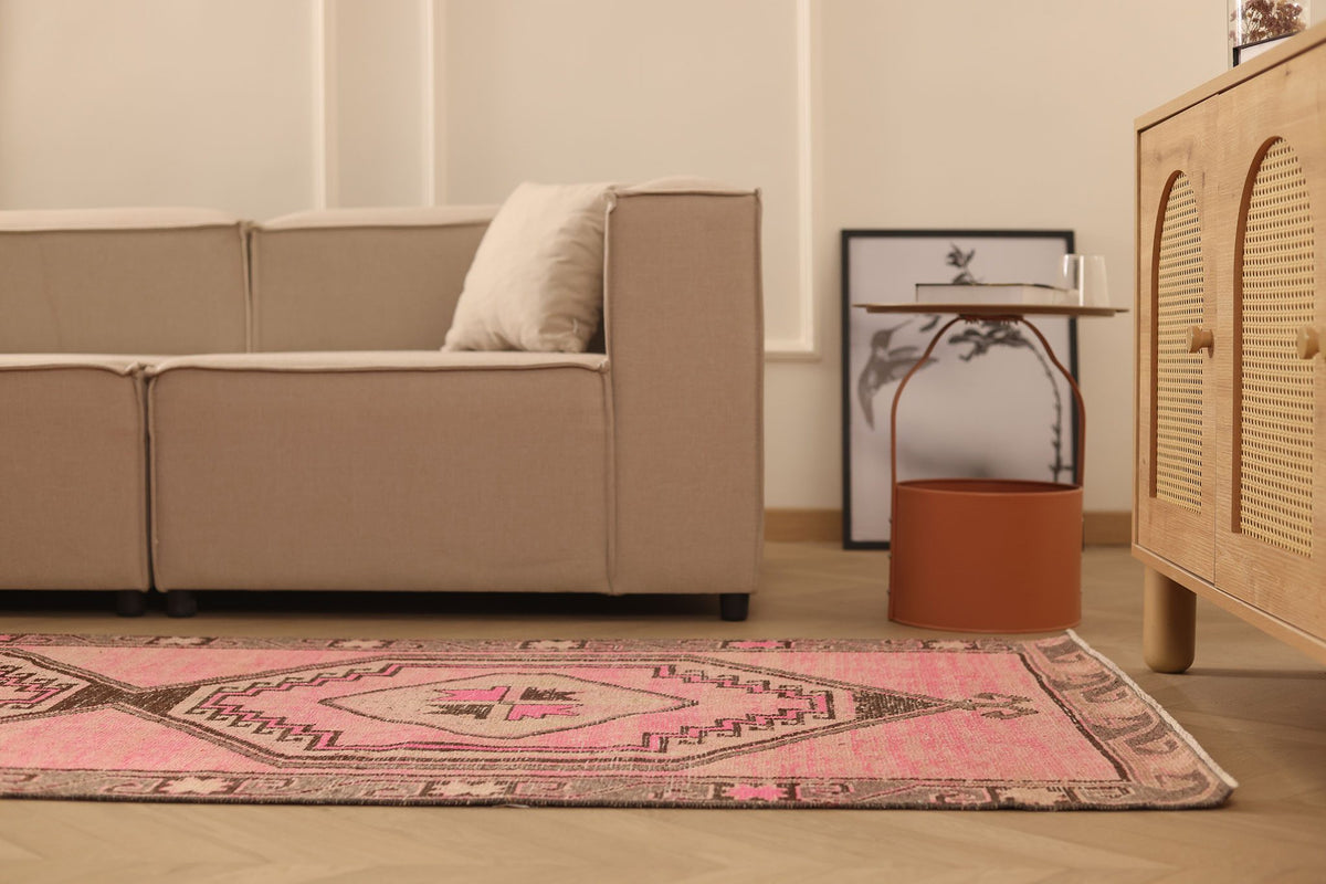 Vintage Malatya Turkish Runner Rug 3x14 ft — Pink & Brown Geometric