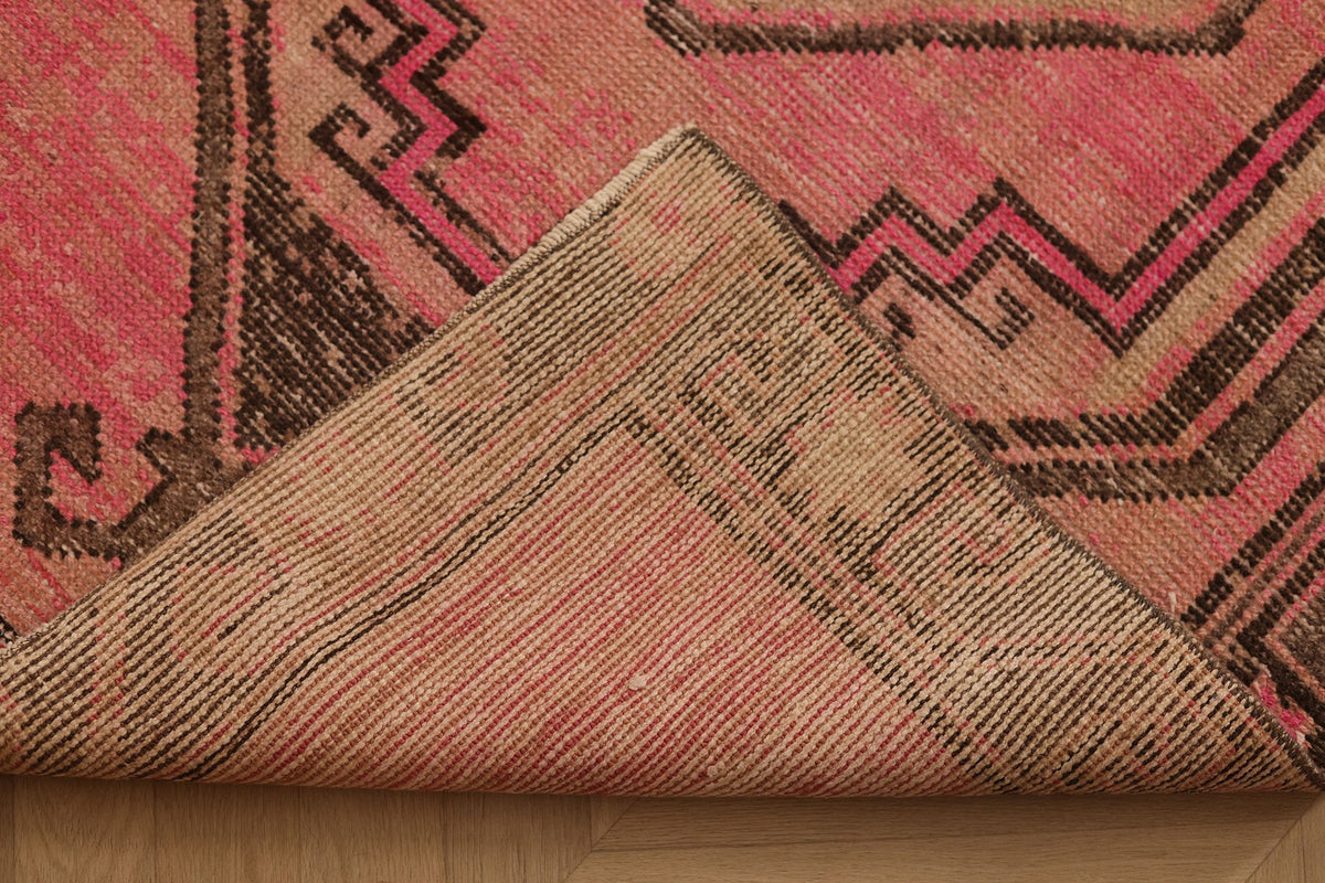 Vintage Malatya Turkish Runner Rug 3x14 ft — Pink & Brown Geometric