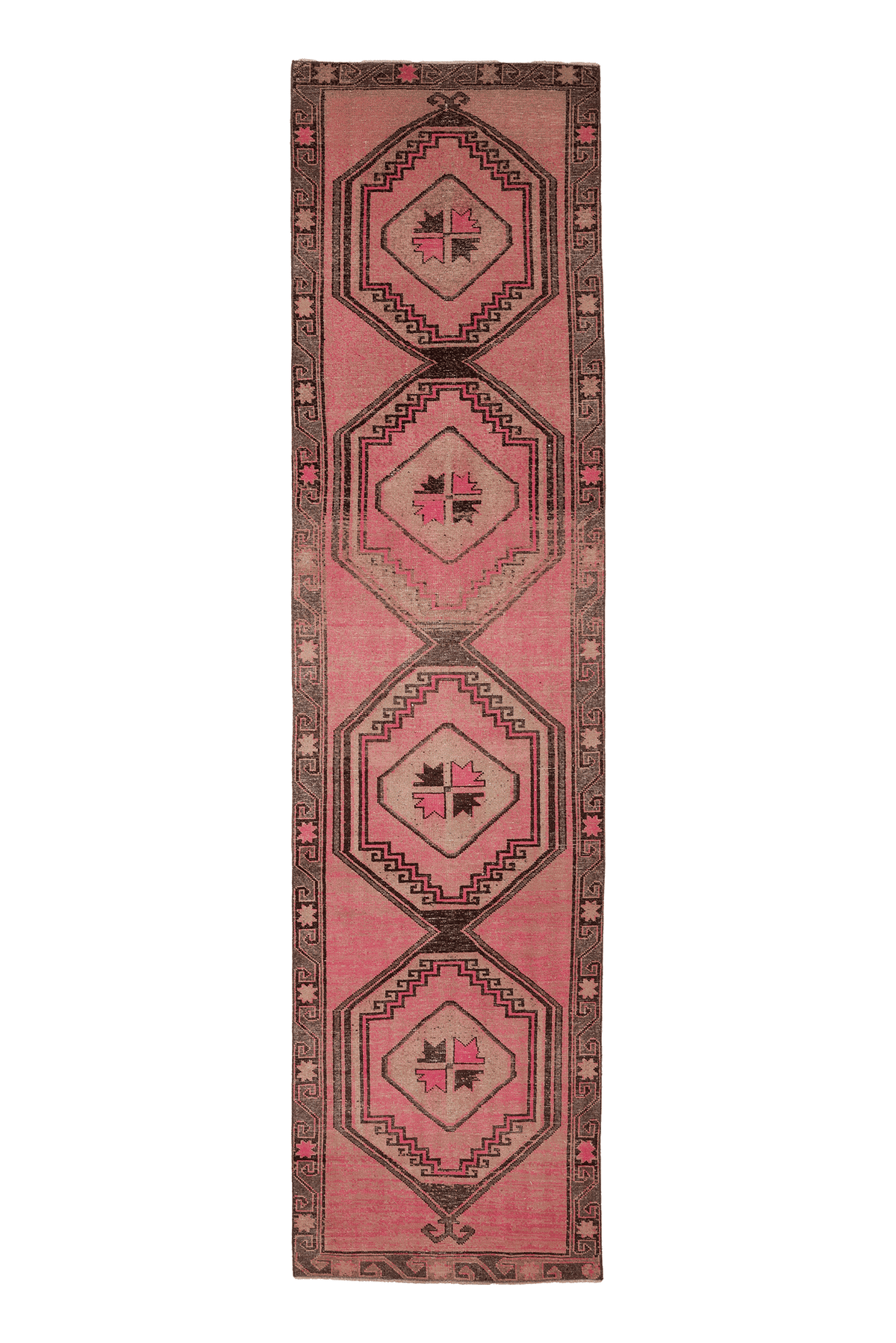 Vintage Malatya Turkish Runner Rug 3x14 ft — Pink & Brown Geometric