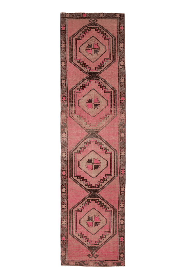 Vintage Malatya Turkish Runner Rug 3x14 ft — Pink & Brown Geometric