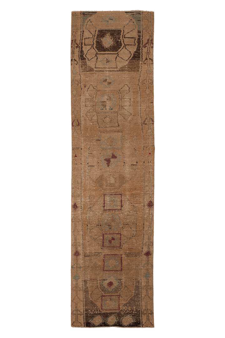 Vintage Malatya Turkish Runner Rug 3x12 ft — Beige & Brown Geometric